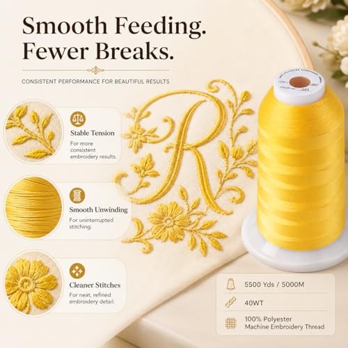 Image of Simthread Embroidery Machine Thread 5000M 40WT Polyester, Yellow 205 | 5000M 40WT polyester thread feeds smoothly for home or commercial embroidery projects.