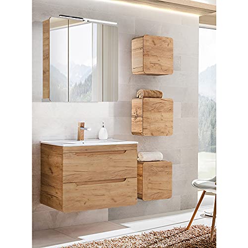 Lomadox Badezimmermöbel Set mit 81 cm Waschtisch & LED-Spiegelschrank, Wotan Eiche Nb., B/H/T ca. 130/200/46 cm