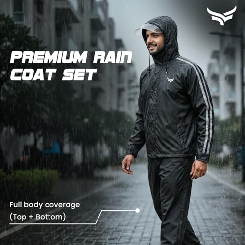 Image of Xtrim Rain Jacket Set for Men with Hood, Waterproof Top & Bottom Raincoat Suit, Windproof Polyester PVC Rainwear with Reflective Trim, Lightweight Foldable Outdoor Rain Gear for Bike Riding & Travel