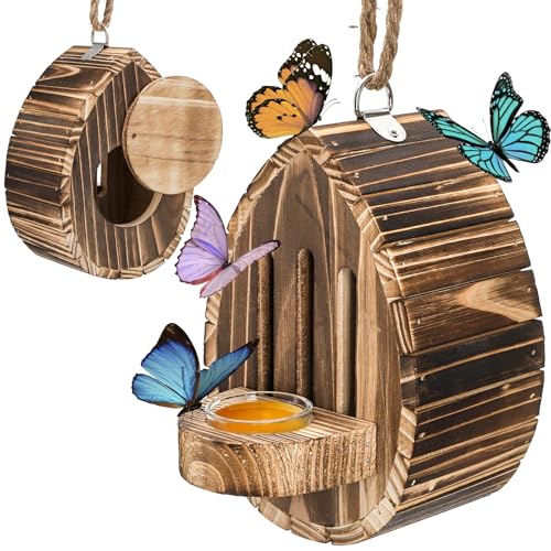 ZOOFOX Wooden Hanging Butterfly House, DIY Butterfly House Kit for Garden, Natural Butterflies Habitat with Feeder for Butterflies, Bees, Ladybug, Easy to Clean