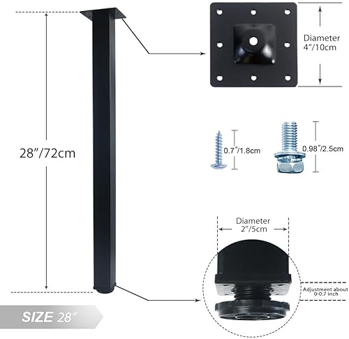 Miniatura 2 de QLLY Patas de metal ajustables de 28 pulgadas, patas cuadradas para muebles de mesa de oficina, juego de 4 (negro)