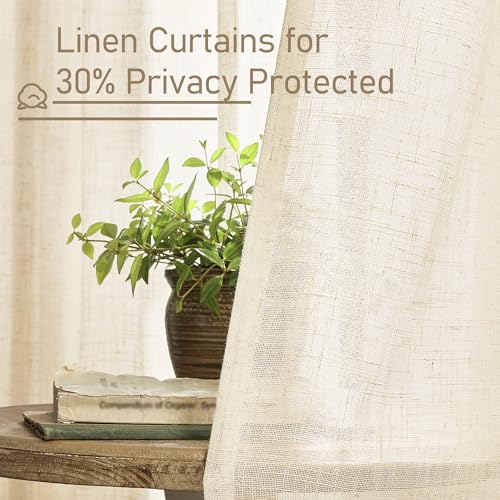 LAMIT Semi Sheer Beige Linen Curtains 36 Inch Length 2 Panels, Light Filtering Panels Back Tab and Rod Pocket Neutral Drapes for Bathroom/Kitchen/Loft Room, 25 x 36 Inch