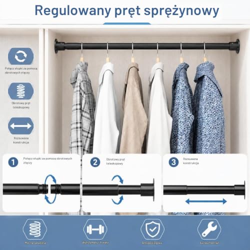Drążek do szafy, regulowany drążek na ubrania ze śrubami i gniazdami, drążek do zawieszenia do szafy i sypialni, 85-235 cm, średnica 32 mm, czarny