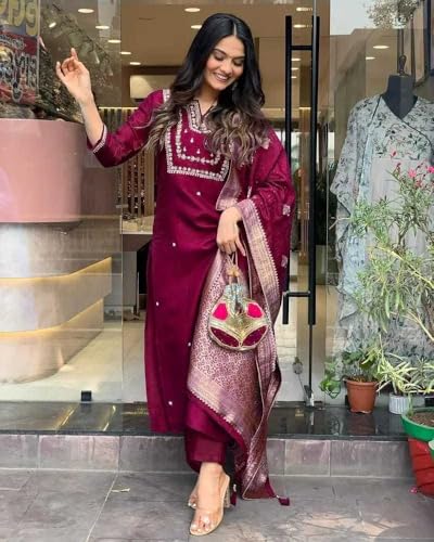 Image of Women's Viscose Silk Heavy Embroidered Straight Kurta With Trouser & Banarasi Jacquard Dupatta Set