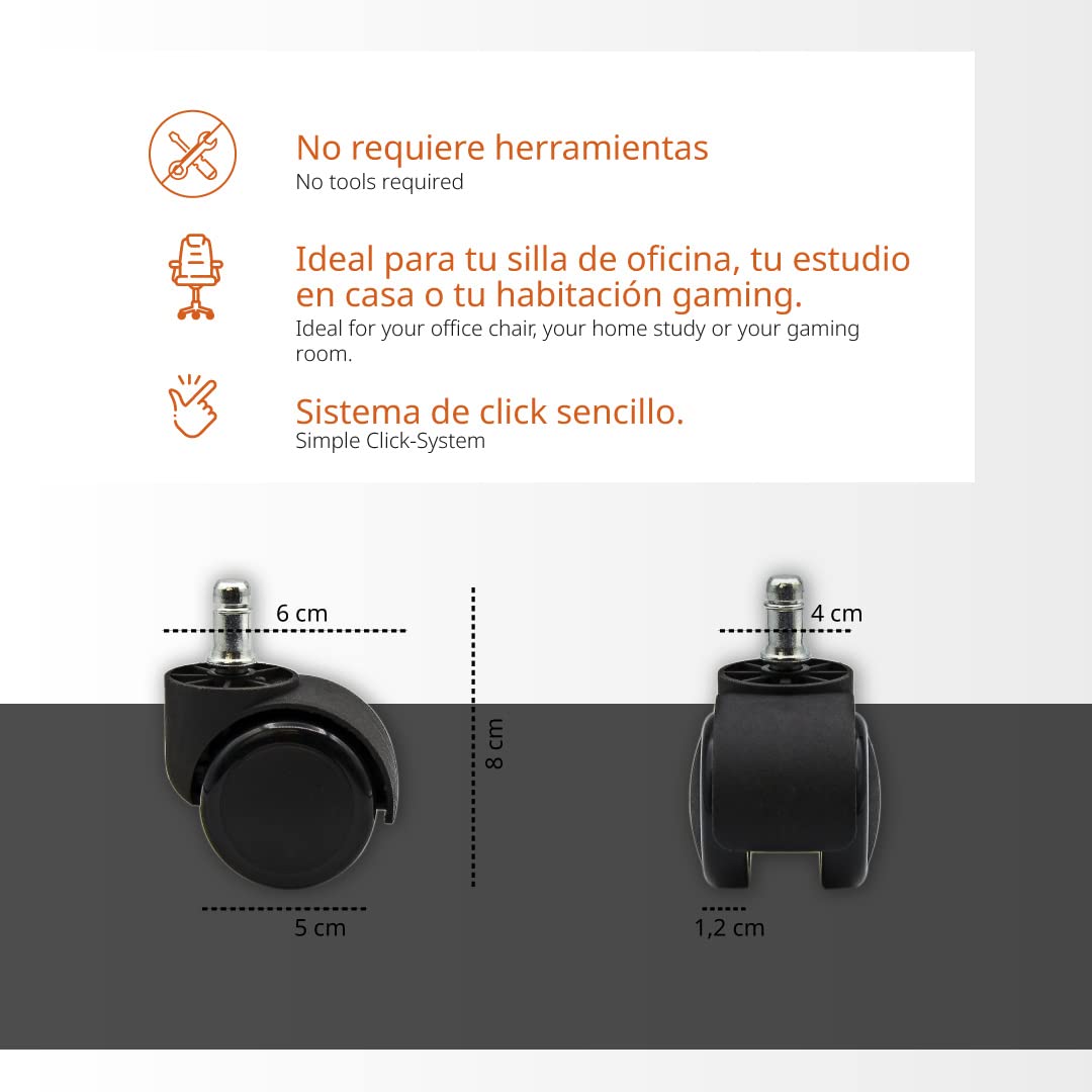 Set 5 Rotelle In Gomma Per Sedia Ufficio DGQ - Proteggi Pavimento, Silenziose E Scorrevoli, Universal Standard (11x22mm), Portata 150kg - 4