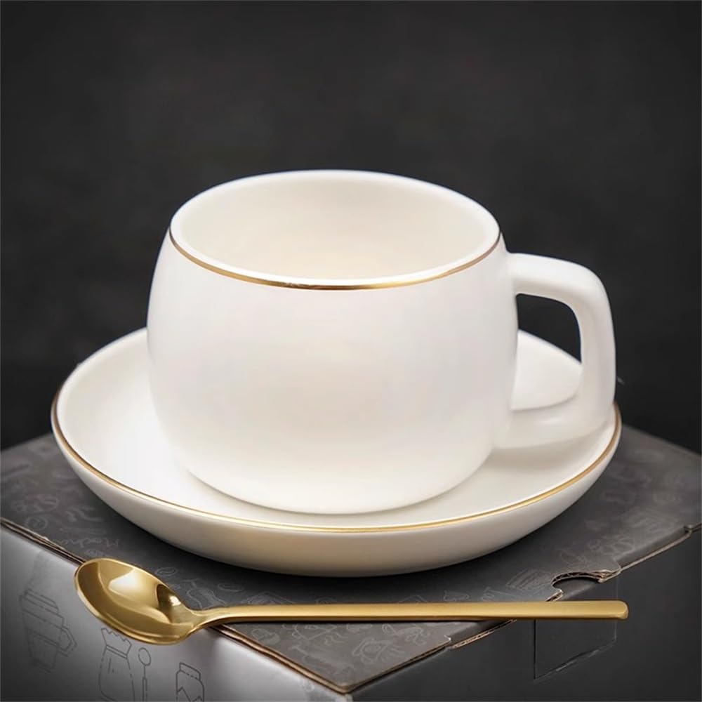 Tazas y Platillos de Cerámica Juego de café y platillo cerámica for taza té la tarde para café Capuchino Latte(Blanco)