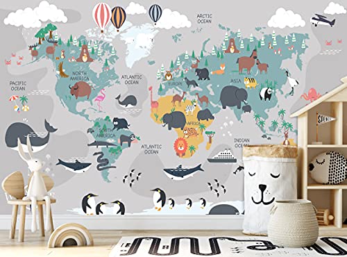 Weltkarte mit Tieren Wandbild Kinder Tapete Cartoon Kontinent Ozean Geographie B 366cm x H 254cm Wanddeko Bild Riesen Papier Poster Kinder Schlafzimmer