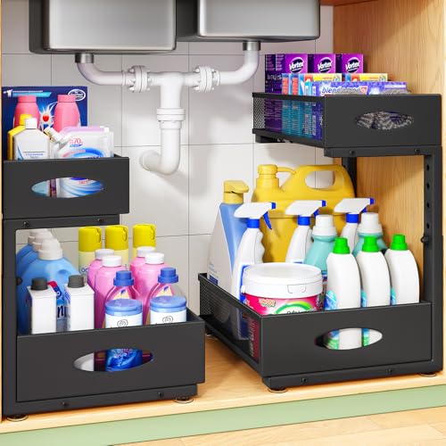 Image of Under Sink Organizer, 2-Pack Pull Out Cabinet Organizer 2 Tier Metal Slide Out Storage Shelf Rack, L-Shaped Adjustable Height,Mesh Sliding Drawer for Kitchen, Bathroom, Laundry, Pantry, Black, XL