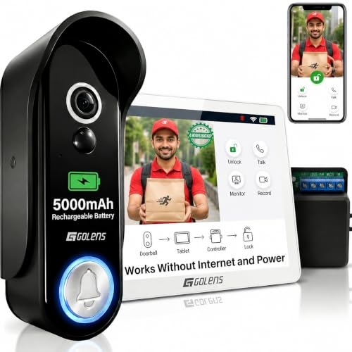 Image of Golens Premium Video Doorbell Camera for Homes & Villas, 8 inch Touchscreen Monitor, 1080P HD Smart Video Doorbell, 300m Wireless Range, Works Without Internet, 5000mAh Battery, WiFi App Control DB01
