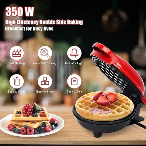 Image of Cloer Mini Waffle Maker 350W, Portable Electric Non Stick Waffle Iron with Indicator Light, Round Waffle Maker Machine for Homemade Breakfast, Snacks & Desserts, Compact Red