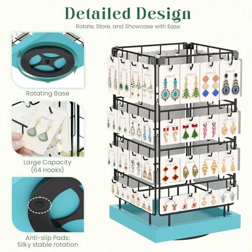Image of EsLuker.ly Rotating Earring Display Holder Stand for Vendors Events Selling, Large Capacity 64 Hooks Jewelry Rack with Wooden Base for Earring Card Sales, Enhances Retail Visibility (Blue)