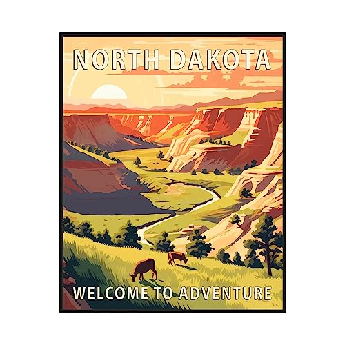 North Dakota Poster Art Print, Retro States Landscape Wall art Decor, Adventure Mountain and Scenery Painting for Bedroom, Living Room (North Dakota Scenery, 24x36 inches (Unframed))