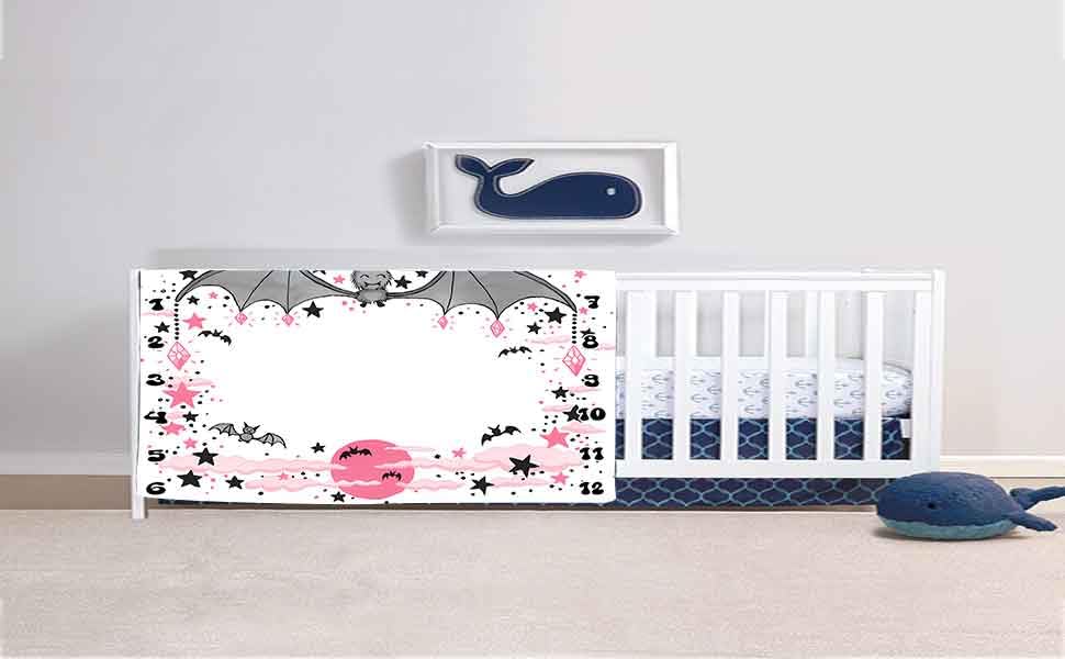 Image of Bat Baby Monthly Milestone Blanket, Halloween Cute Animal Design, 48x40in | Photography Props for Boys Girls, Full Moon Cloud Print, Soft Flannel, Newborn Mom Gifts, Monthly Age Growth Chart
