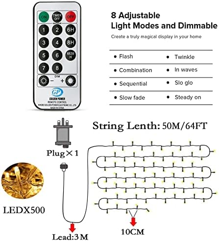 String Lights Mains Powered, 53M/174ft 500LED Fairy Lights Plug in, 8 Modes Remote Control Garden Lights Waterproof, Indoor/Outdoor for Bedroom,Gazebo,Wedding,Party,Christmas Decorations(Warm White)
