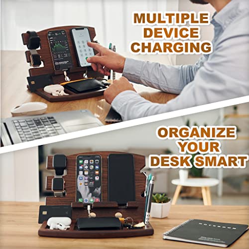 TESLYAR Gifts for Men Wood Phone Docking Station Natural Ash Phone Key Holder Wallet Stand Watch Organizer Men Husband Wife Anniversary Dad Birthday Nightstand Purse Father Graduation Male Gadgets