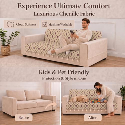 Image of STITCHNEST 'Eden Weaves Collection Series' 3 Seater Sofa Cover - Full Coverage| Elegant Woven Fabric, Decorative Tassels, Washable & Durable for Modern Living