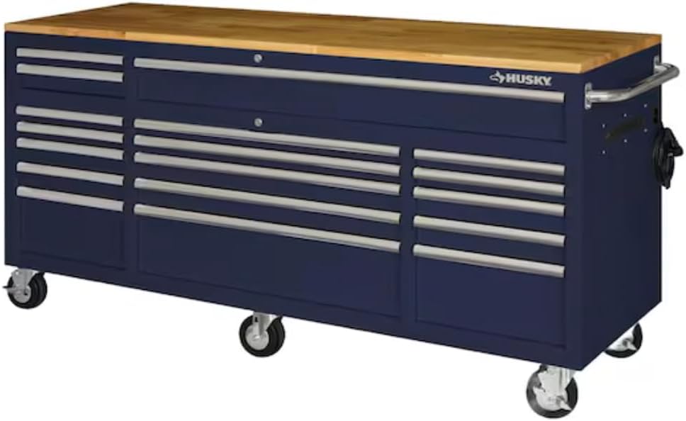 72 in W Mobile Workbench Tool Chest with Wood Top (Gloss Blue with Silver Trim)