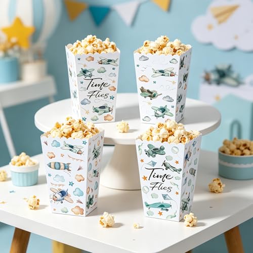 Image of 12 PCS Airplane Plane Popcorn Boxes Airplane Gift Goodie Bags Box Birthday Party Decorations Time Flies Robot Candy Boxes for 1st Birthday Baby Shower Decor
