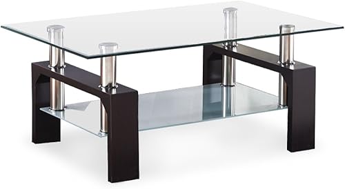 Mecor Mesa de centro rectangular con parte superior de cristal, mesa central moderna con estante y patas de madera, para sala de estar (nogal)