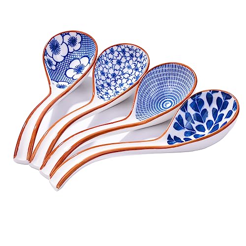 LMRLCS Asian Large Spoon Set of 4 Japanese and Korean Ceramic Soup Spoons Porcelain Rice Spoons with Long Handle Ideal for Stirring Ingredients Serving Soup and Avoiding Burns