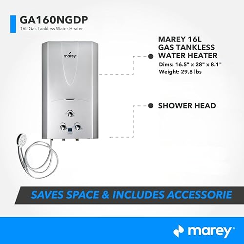 Miniatura 8 de Marey Calentador de agua sin tanque de gas  Calentadores de agua de gas natural de 16L 4.2 GPM para uso en exteriores con pantalla LED  Calentador