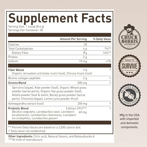 ROUNDHOUSE PROVISION Morning Kick, Zero Sugar Greens Superfood Powder Supplement with Ashwagandha, Collagen, Probiotics, Debloat Drink, 30 Servings (Strawberry Lemonade) by Chuck Norris - Thumbnail 2