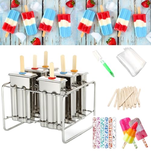 Conjunto de 6 kits de moldes de picolé de aço inoxidável, máquina de fazer petiscos de gelo caseiros com 50 palitos de madeira e 6 selos de silicone e 20 sacos pop, escova de limpeza (quadrada)
