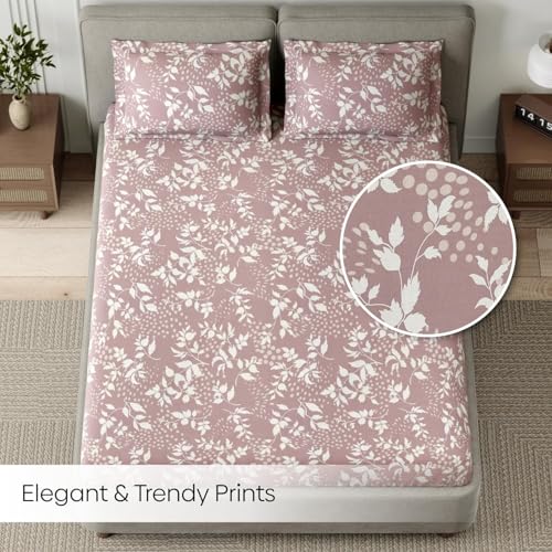 Image of Haus & kinder Double Bedsheet for Queen Size Bed | 90 x 100 Inches 144 TC Cotton Bedsheet for Double Bed with 2 Pillow Covers - Wine Foliage