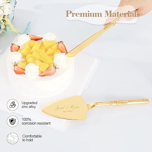 Miniatura 3 de Juego de corte de pasteles para boda, juego de cuchillos y servidores dorados personalizados, juego de servir pastel de pastelería grabado, cortador