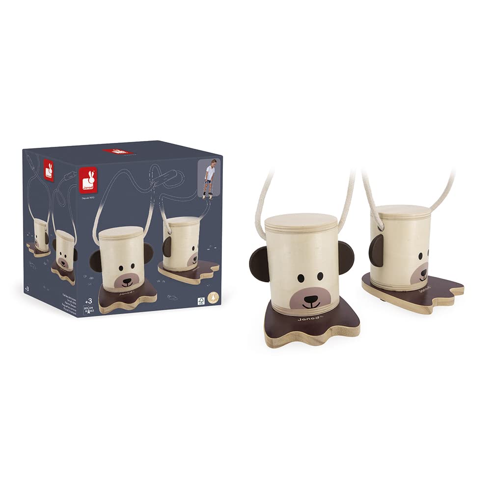 Janod - Petites Echasses en Bois Pattes d'ours - Jeu de Plein Air - Hauteur Réglable – Apprentissage de l'Equilibre - Certifié FSC - Peinture à l'eau - Dès 3 Ans, J03174