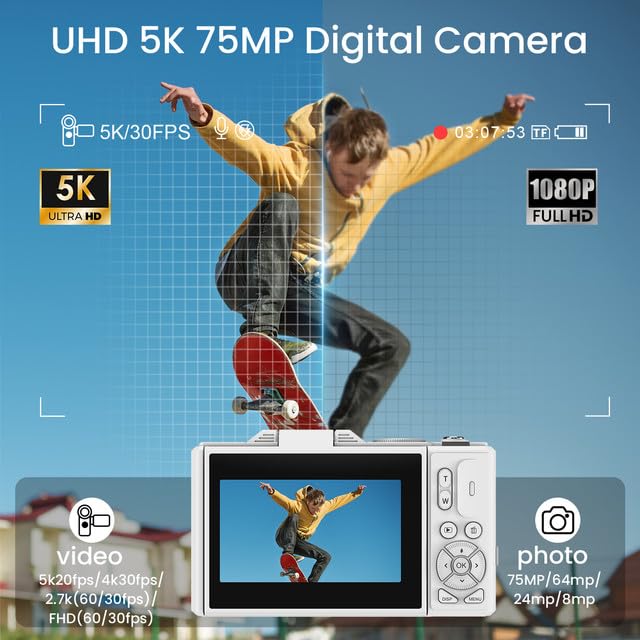 LAMA Digitalkamera, Mini Digitalkameras 5K 75MP Fotokamera mit 64G SD-Karte, Kompaktkamera 3,0 Zoll 180° Flip-Screen 18X Zoom Digital Kamera, Fotokamera für Kinder Teenager Anfänger (Weiß)