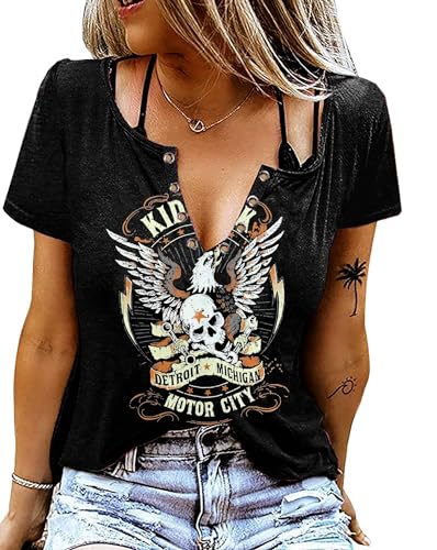 Vintage Rock Roll Concert T-Shirt Women Loose Casual Shirt Tops Funny Skeleton Eagle Graphics V Neck Short Sleeve