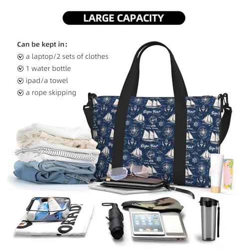 Travel Duffle Bags For Women Men - Navy Blue Nautical Pattern Print Personal Item Weekender Overnight Gym Carry On Airport Tote Bag With Strap For Yoga, Travel, Business Trips4