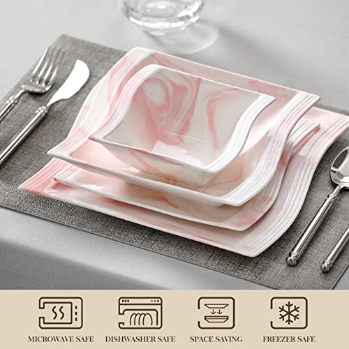 Image of MALACASA Plates and Bowls Sets, 26 Pieces Pink Dinnerware Sets for 6, Porcelain Dinnerware Set with Dinner Plates and Bowls, Serving Platters, Square Dishware Sets, Modern Dish Set, Series Flora
