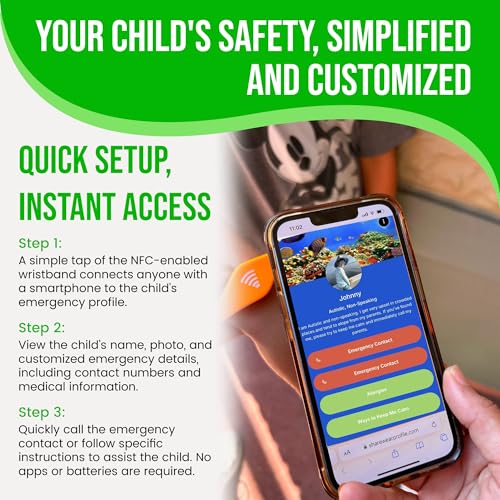 Image of Kids ID Bracelet - Fitted NFC Safety Wristband, Slip-On Child ID Band for Emergency Contact Info, Waterproof Silicone, Not GPS, Wear on Wrist or Ankle, Ideal for Theme Parks, Travel & Beaches