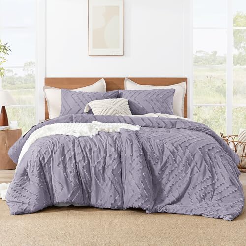 Image of Litanika Purple Queen Size Comforter Sets, 3 Pieces Lightweight Chevron Tufted Bedding Comforter Set, Fluffy Down Alternative Comforter Bed Set Gift Choice (90x90In Comforter and 2 Pillowcases)