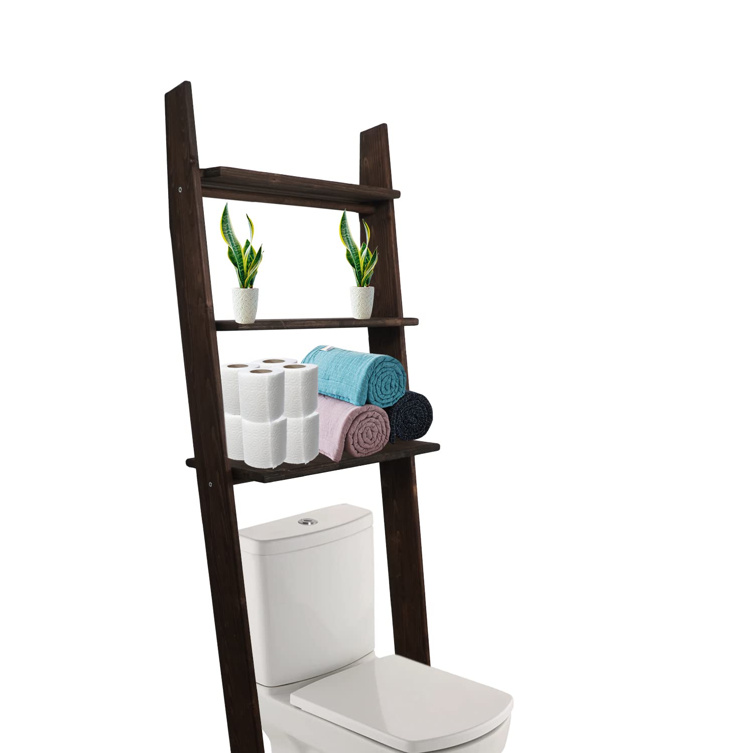 GENESIS WOODESIGN Over The Toilet Birch Wood Bathroom Organizer Shelves, 3-Tier Freestanding above Toilet Storage Ladder Shelf, Standing Space Saver Behind Toilet Small Bathroom Organizer (Walnut)