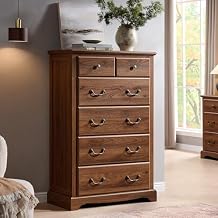 T4TREAM 48" Tall Drawers Dresser Chests for Bedroom, Rustic Chset of 6 Drawers, Wood Dressers Organizer for Bedroom, Living Room,Hallway, Light Walnut