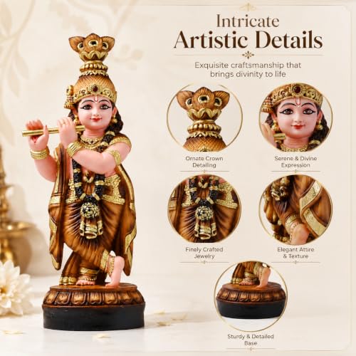 Image of Krishna Statue for Home Decoration House Warming Gift | Lord Krishna murti idol home decoration item showpiece for living room (polymarble,34*13*10)