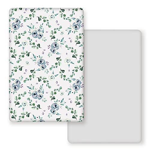 Image of GRSSDER Stretchy Ultra Soft Jersey Knit Fitted Pack n Play Playard Sheets Set 2 Pack, Portable/Mini Cribs Pack and Play Sheets, Blue Rose for Girls and Boys