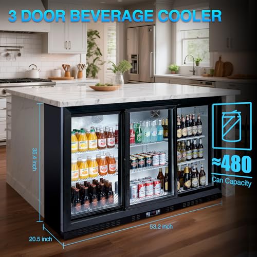 Image of Favfurish 53 inch Beverage Refrigerator With Glass Door,480 Cans Beverage Cooler Fridge W / 6 Shelves,11.3 Cu.Ft Commercial Refrigerators,Led Lighting,for Beer Wine And Drink,3 Sliding Doors,Black