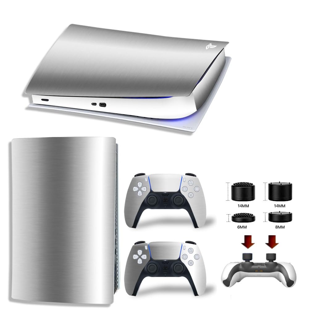MaD Vision® Extra-Durable Skin Set in Vinile per PS5 Digital + 5 Paia di Aiming Rings | Kit Adesivo e Resistente ai Graffi per PlayStation 5 + 2 Controllers - Argento Cromato Effetto Specchio