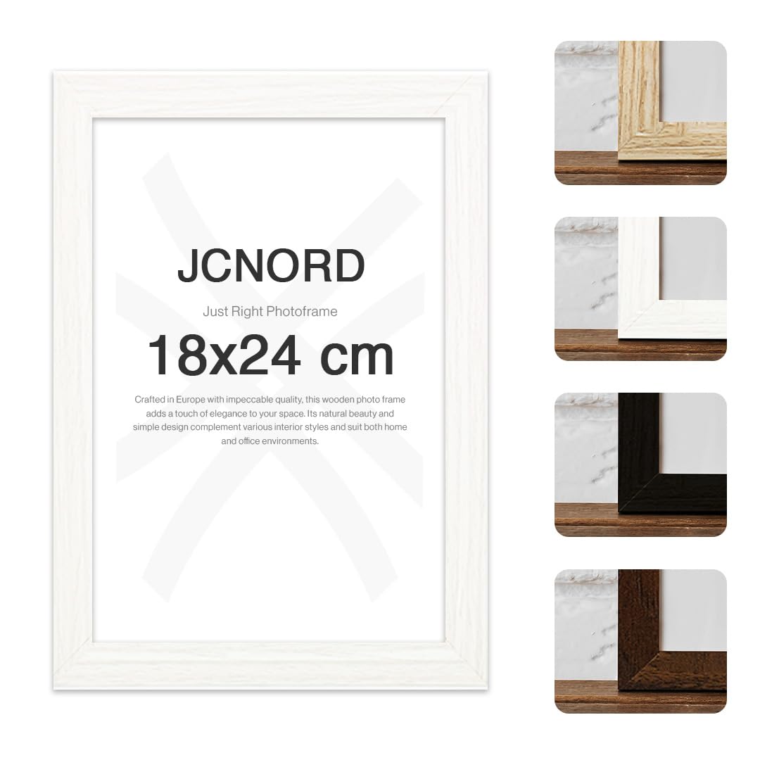 JCNORD Weißer MDF Holz Bilderrahmen 18x24 cm mit bruchsicherem Acrylglas | Moderner Fotorahmen für Wände und Tische
