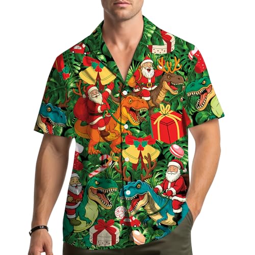 HIHI GLOBAL Holiday Hawaiian Shirt for Men Women Christmas Hawaiian Shirts Festive Summer Beach Short Sleeve Button Down Green-santa Dino L