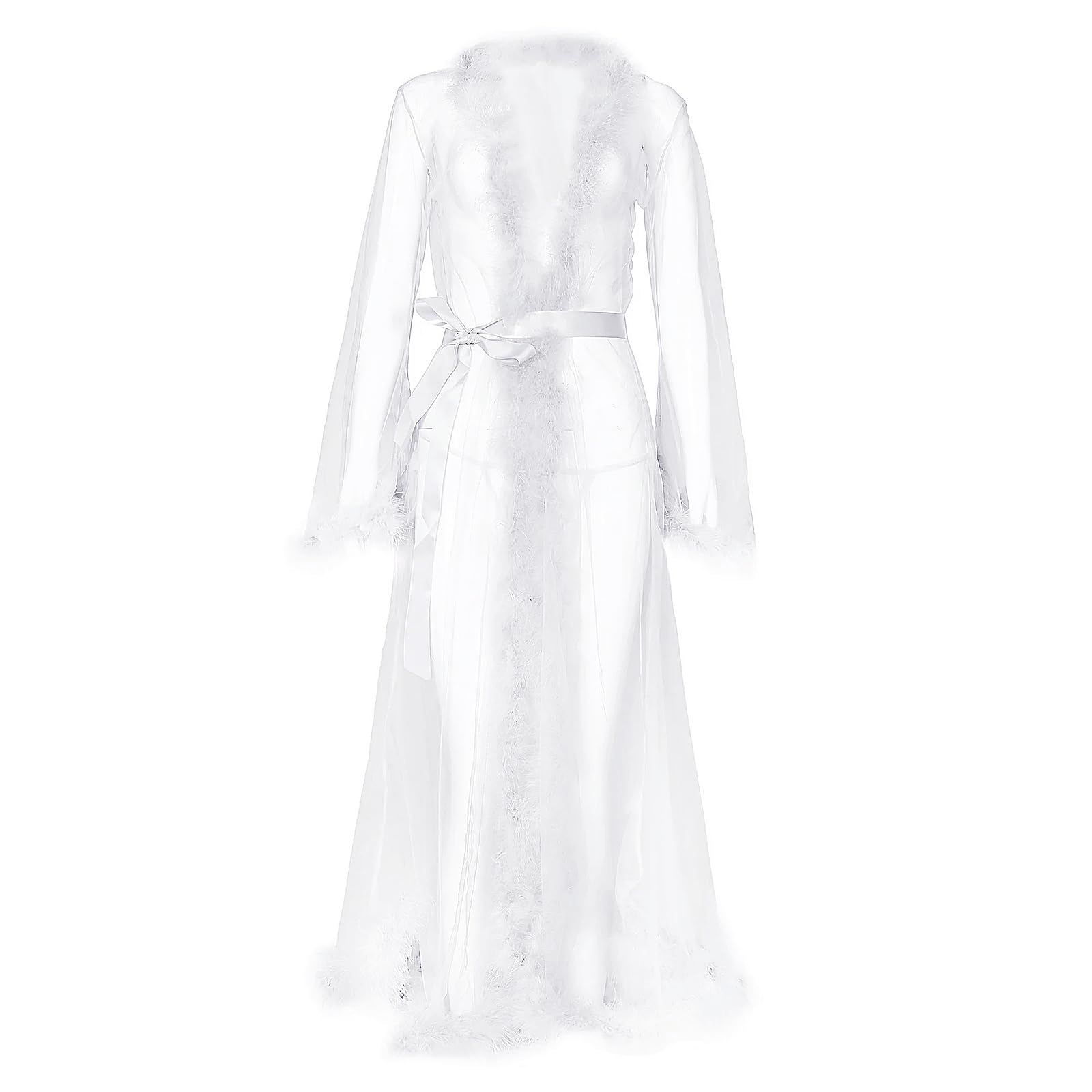 TINAYAUE Femmes Peignoir Dentelle Trasparentes avec Plumes Nuisette de Chambre Robe Kimonos de Mariée Courts Perspective Lingerie de Nuit pour Bar Maison Plage