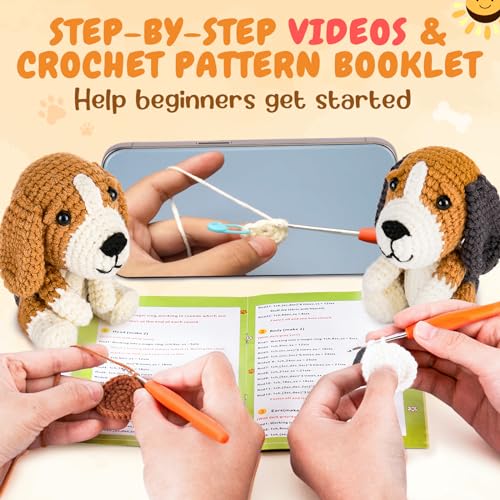 Image of Crochetta Crochet Kit for Beginners, Beginner Crochet Kit for Adults with Step-by-Step Video Tutorials, DIY Crochet Animal Kits Knitting Supplies, 2 Pack Beagle Family (40%+ Yarn)