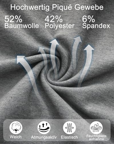 Gráfico que muestra la composición del tejido del polo con 52% algodón, 42% poliéster y 6% spandex, destacando su suavidad y transpirabilidad.
