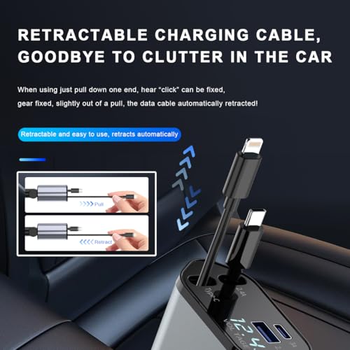 Cargador retráctil para coche 4 en 1, adaptador USB-C/A de 120W con cables 3