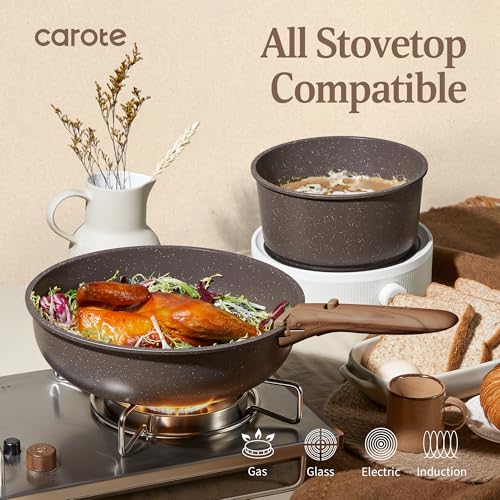 Image of CAROTE 21PCS Pots and Pans Set Non Stick with Detachable Handle, Nonstick Cookware Sets, Cooking Kitchen Set, Oven /Dishwasher Safe, Induction Cookware, Brown, RV Kitchen Pot and Pan