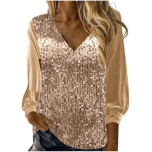 Image of Sequin Tops for Women UK Clearance V Neck Solid Long Sleeve Pullover Blouses Ladies Satin Silk Sleeve Sparkly Shimmer Shirt Elegant Glitter T Shirt Festival Party Shining Tees UK Size S-3XL